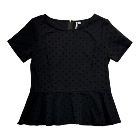Elle Polka Dot Peplum Top Women’s XL black jacquard dots short sleeve blouse - Picture 1 of 6
